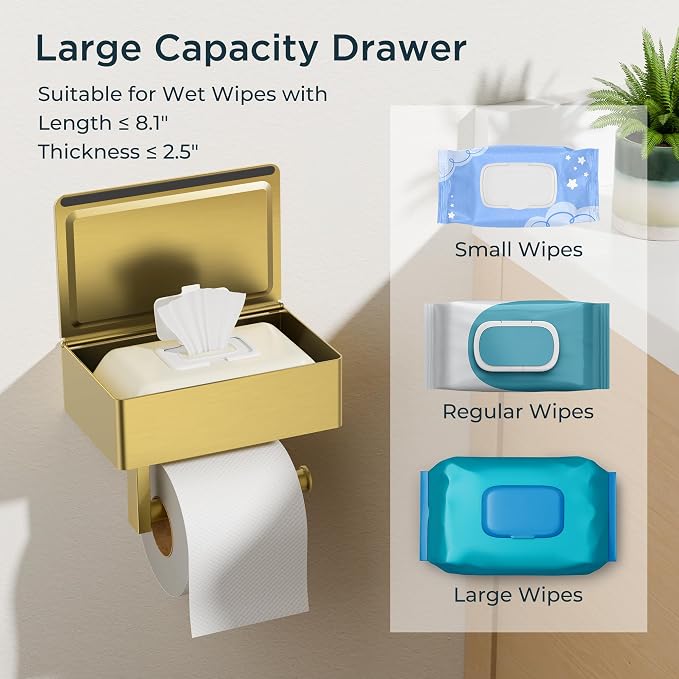 FORIOUS Toilet Paper Holder with Shelf, Sanitary Napkin Receptacle Tampon Holder, Wall Mount Toilet Paper Holder with Storage, Flushable Wipes Dispenser Fits for Bathroom Commercial(2, Brushed Gold)