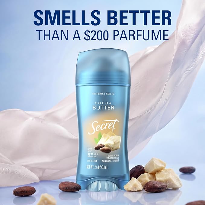 Secret Fresh Antiperspirant Deodorant for Women, 72hr Breathable Sweat & Odor Protection, Instant Freshness & Gentle, PH Balancing Minerals, Invisible Solid, Cocoa Butter Scent, 2.6 oz