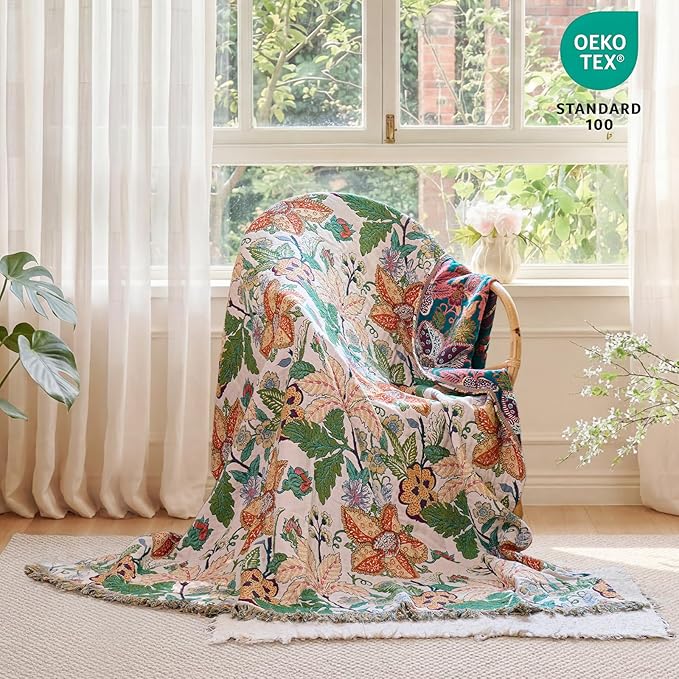 MSGKV Boho Throw Blanket 50"x60" 100% Cotton Embroidery Floral Muslin Throw | 100% Cotton Muslin, Embroidered Floral Throw, Soft & Breathable, Lightweight Comfort, Couch & Bed Decor, Machine Washable