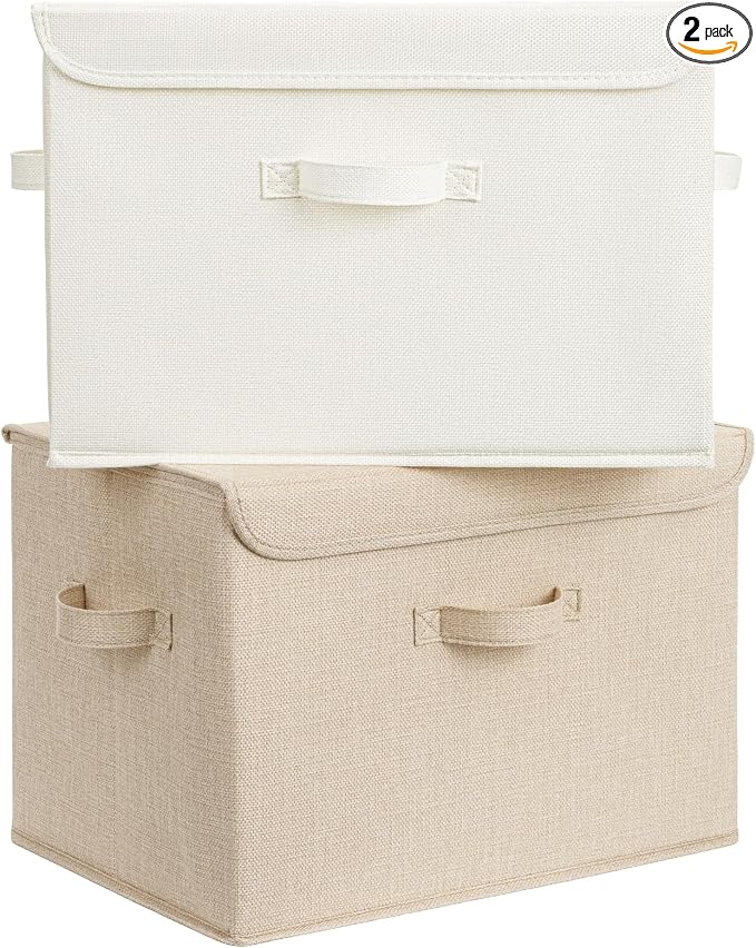 GRANNY SAYS Memory Keepsake Storage Box, Fabric Storage Bins with Lids | Flip-Top Lid, Collapsible, Stackable, 3 Handles, Ideal for Closet Clothes Blanket Toy, Extra Large, Ivory White&Khaki, 2-Pack