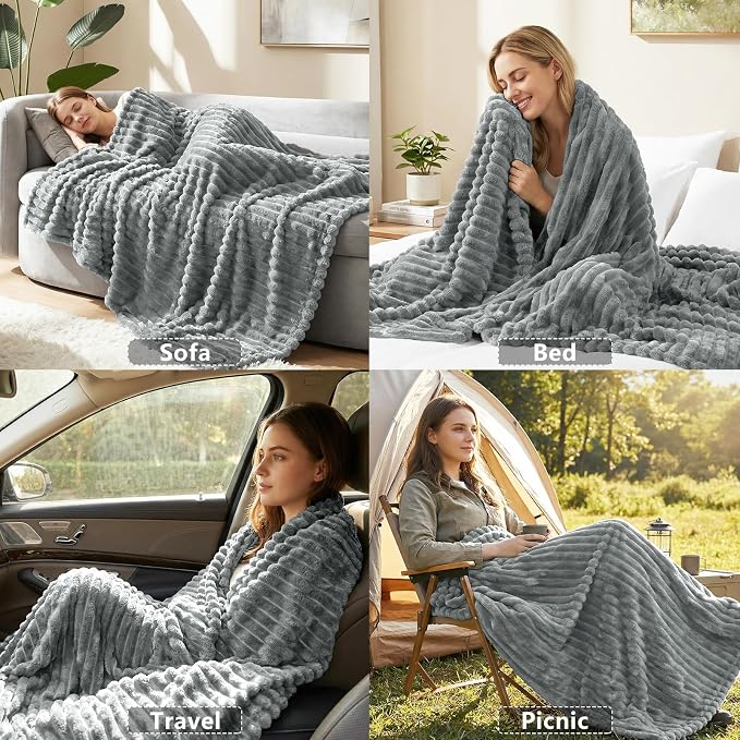 HIMEET Grey Queen Size Blanket for Bed, 300GSM Ribbed Fleece, 90 x 90 in | Ultra Soft Flannel, All-Season Lightweight Warmth, Cozy Bed Coverage & Bedroom Decor, Gift for Men & Women, Machine Washable