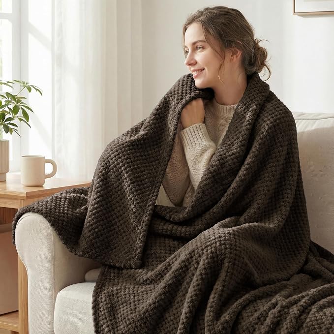 Exclusivo Mezcla Soft Waffle Fleece Bed Blanket Twin XL Size, Coffee | Lightweight Plush Blanket for Bed, Couch, Sofa, Cozy Fluffy Design for Bedroom, Guest Room, All Season, 90x66 Inches