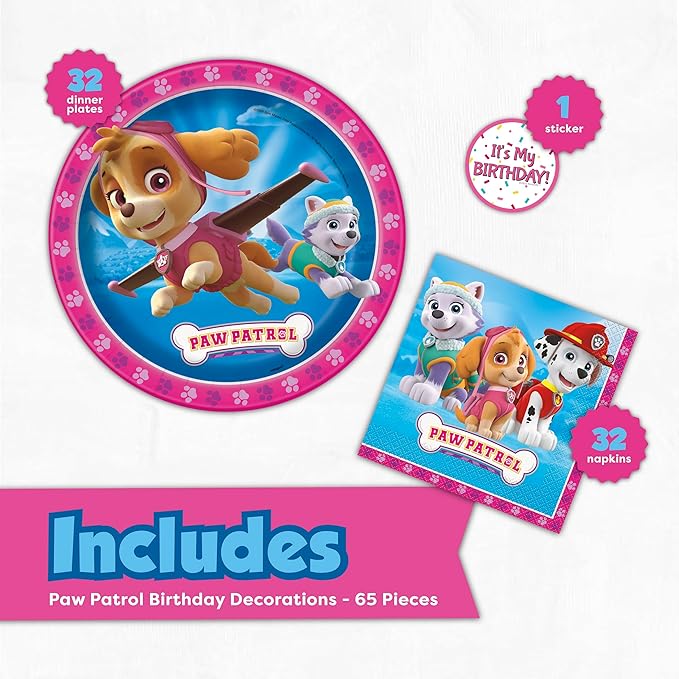 Pink Paw Patrol Plates and Napkins for 32 | Pink Skye Paw Patrol Birthday Decorations for Party | Officially Licensed