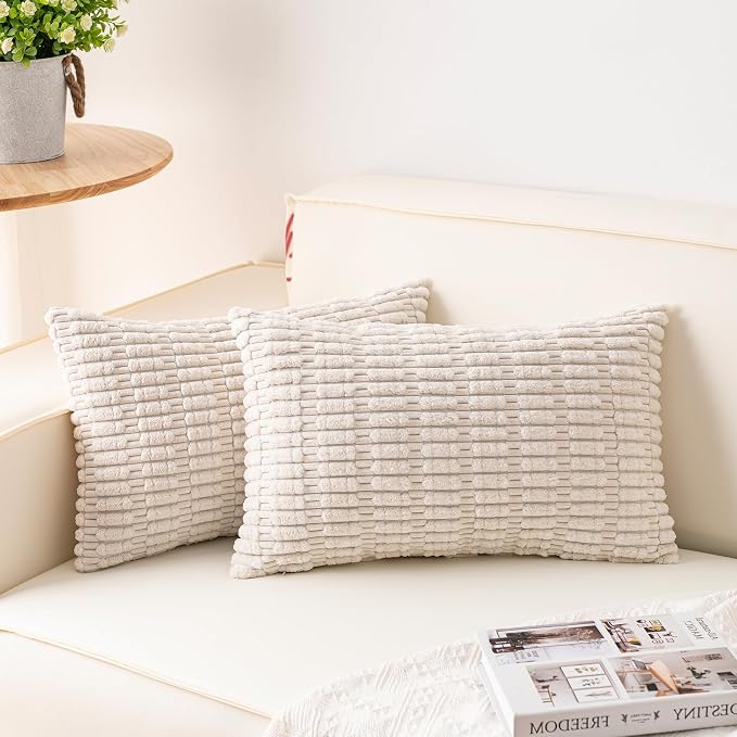 Pack of 2 Corduroy Decorative Throw Pillow Covers 12x24 Inch, Cream White | Fall Soft Striped Pillow Covers Modern Farmhouse Home Decor Christmas Throw Pillow Covers for Sofa Living Room Couch Bed