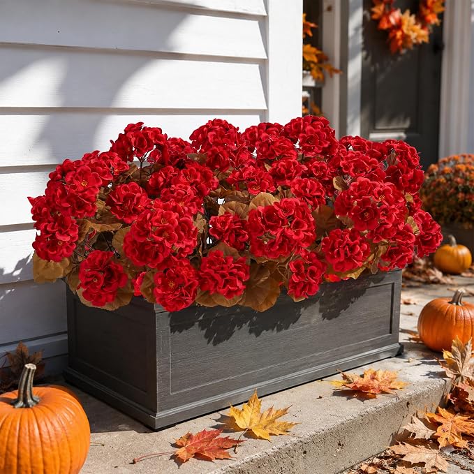 Fake Geraniums Artificial Flowers for Outdoors Fall Autumn Decoration, 6 Bundles Silk Geraniums Look Real Faux Fall Flowers Plants for Front Door Garden Planter Patio Balcony Yard Home Indoor, Red