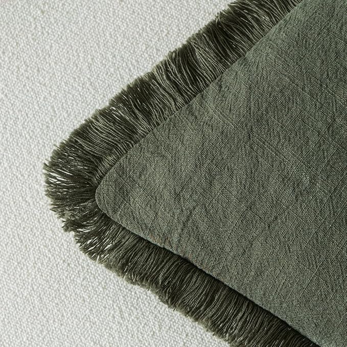 MIULEE Boho Linen Fringe Decorative Throw Pillow Covers Rifle Green 18x18 | Set of 2, Cottagecore Decor, Boho Farmhouse Neutral Pillow Covers, Rustic Couch Cushion Cases for Sofa Bed Living Room