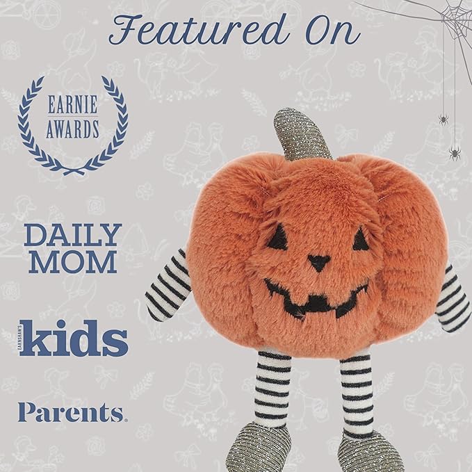 MON AMI Baby Boo Jack O' Lantern Plushie – 6.5” Orange Halloween Pumpkin Stuffed Toy with Striped Arms & Legs | Spooky Plush Toy Gift for Boys, Girls, Toddlers | Perfect for Halloween Prop & Décor