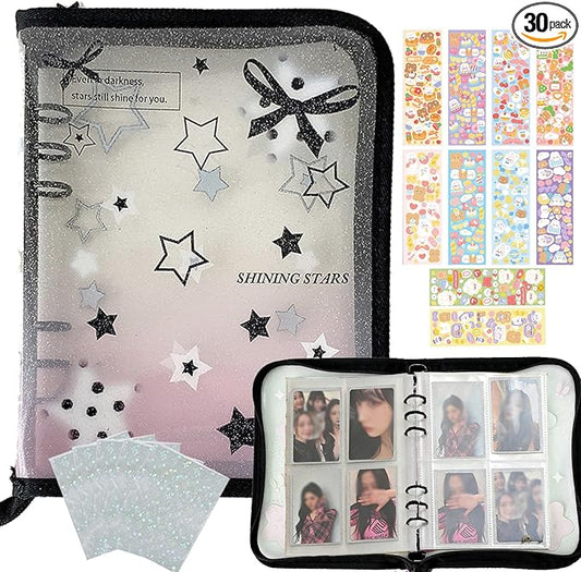 Kpop Photocard Binder Kpop Photocard Holder Book with 50pcs Holographic Photocard Sleeves&10 Korean Stickers, 6 Ring A5 Binder Photocard Album 25 Inner Pages with 200 Pockets (Black Heart)