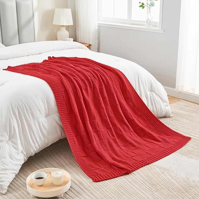 CozeCube Christmas Red Knitted Checkered Throw Blanket 50"X60" | Check Knit Throw for Couch, Decorative Christmas Soft Cozy Warm Blanket for Bed Sofa Living Room