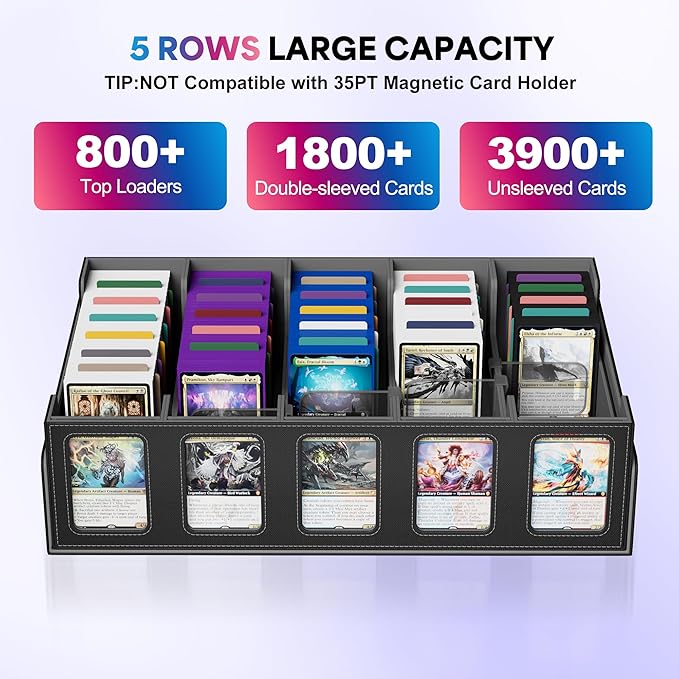 UAONO Trading Card Storage Box with Commander Display;3900+ Card Box for MTG, Removable Cover; 5 Row Case fits MTG TCG Sports Cards 48 Dividers,5 Stoppers,5 Top Loaders,1 Dice Box(Black, Grey)