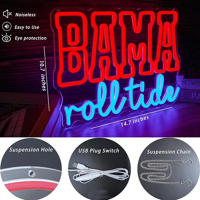Roll Tide Neon Sign for Wall Decor Football Neon Signs USB Powered Football Neon Sign for Game Room, Office, Man Cave Decor College Football Fans Neon Light Gifts for Sport Fans(14.7 * 10.7inch)