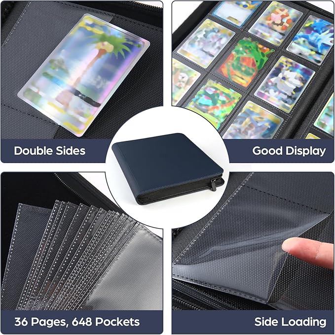 Card Binder 9 Pocket with Zipper, 648 Pockets Trading Card Holder Book, Premium PU Cover Zip Folder Binder, Side Loading Carrying Case Binder Album for TCG, MTG, Sports Cards, Game Cards