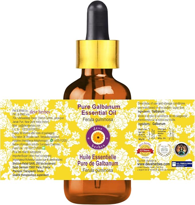 Deve Herbes Pure Galbanum Essential Oil (Ferula gummosa) with Glass Dropper Steam Distilled 15ml (0.50 oz)