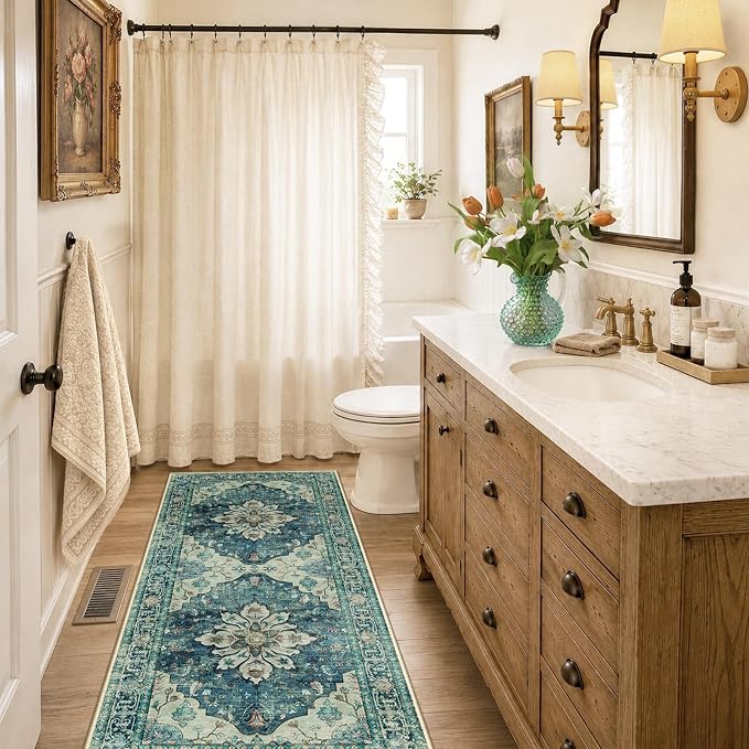 RELEANY Area Rugs Runner 2'x6' Washable Non-Slip, Floral Vintage Distress Medallion Carpet for Kitchen Hallway Bedroom Beside Laundry Room Bathroom, Dark Blue Vintage