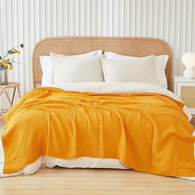 EMME Muslin Blankets for Adults Throw Blanket for Couch Breathable Gauze Soft Lightweight Airy Mustard Yellow Twin XL 66" x 90"