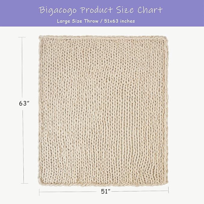 Bigacogo Chunky Knit Throw Blanket for Couch, 51x63 inches, Beige | Hand Knit with Jumbo Chenille, Soft Breathable Cable Knit for Sofa Bed Living Room, Machine Washable, Gift for Mom Friend
