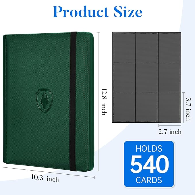 Premium 9 Pocket Card Binder for 540 Cards, Fabmaker PU Cover Trading Card Binder, Sturdy Card Collection Album, Sleek Card Holder Folders for Game Cards & Sports Cards, Dark Green