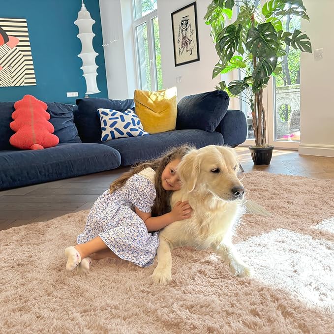 OLANLY 8x8 Machine Washable Large Area Rugs for Living Room, Bedroom, Soft Fluffy Shaggy Bedside Rug, Indoor Floor Carpet for Kids Girls and Boys, Dorms, Nursery, Home Decor Aesthetic, Beige