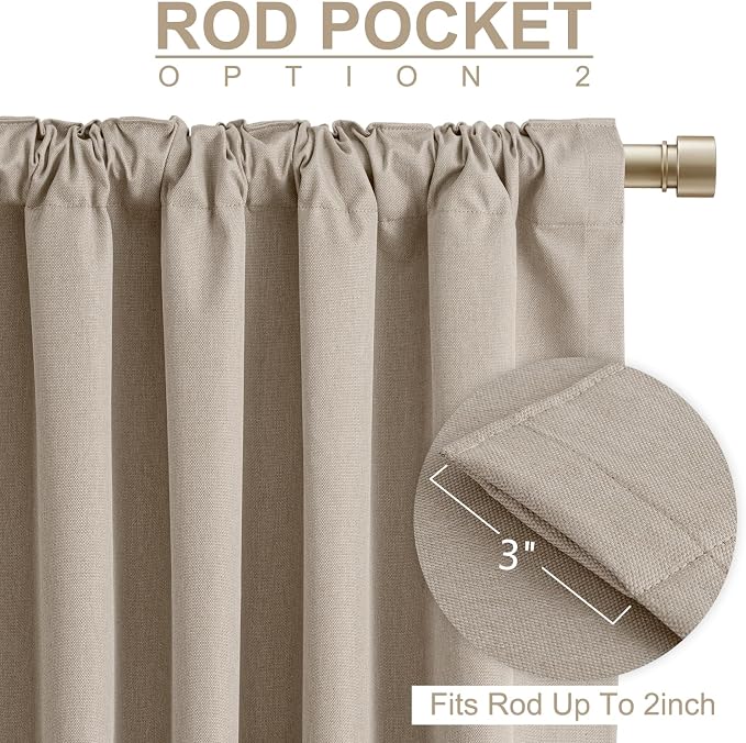 100% Blackout Shield Linen Blackout Curtains for Bedroom 96 Inches Long, Back Tab/Rod Pocket Living Room Drapes, Thermal Insulated Blackout Curtains 2 Panels Set, 50" W x 96" L,Burlywood Birch