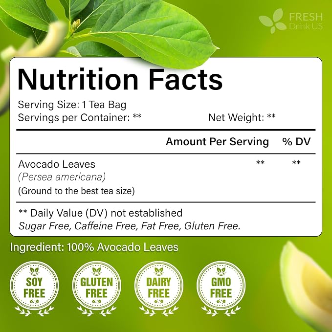 FreshDrinkUS, Avocado Leaf Tea Bags | 40 Count | Premium Dried Avocado Leaves Herbal Tea – Caffeine Free Botanical Tea – Fresh, Smooth & Earthy Flavor. Sugar Free. Vegan