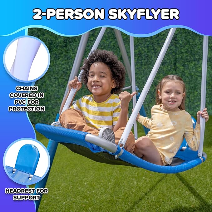 Sportspower Super Surfer Metal Swing Set with 6ft Slide, Skyflyer, Surfboard, Standing & Classic Sling Swing, for Ages 3-8