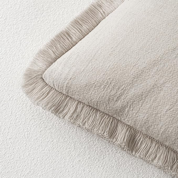 MIULEE Linen Fringe Decorative Throw Pillow Covers Natural Beige 16x16 | Set of 2, Cottagecore Decor, Boho Farmhouse Neutral Pillow Covers, Rustic Couch Cushion Cases for Sofa Bed Living Room