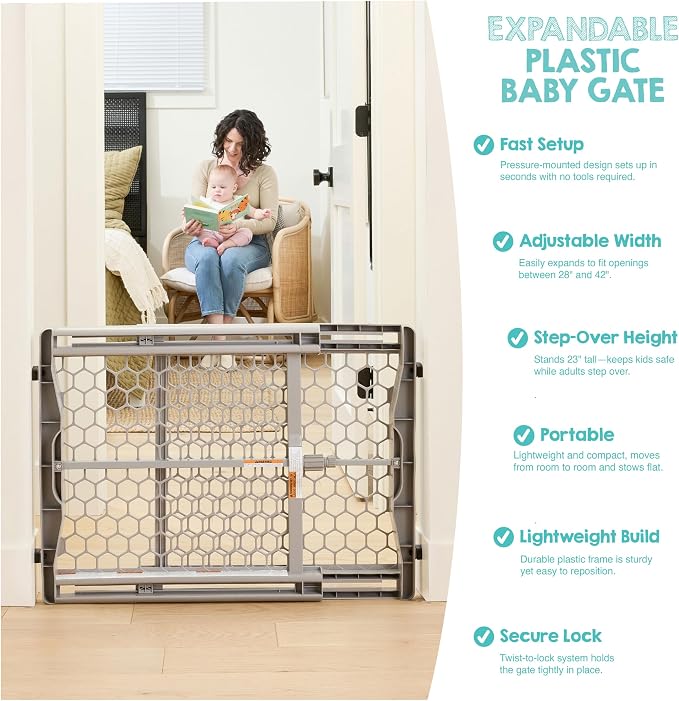 Regalo Safety 28"-42" Extra Wide Expandable Baby Gate for Doorways & Bottom of Stairs, Pressure Mounted Safety Gate for Babies, Toddlers & Pets, Tested & Safe for 30 Years, American Designed and Owned