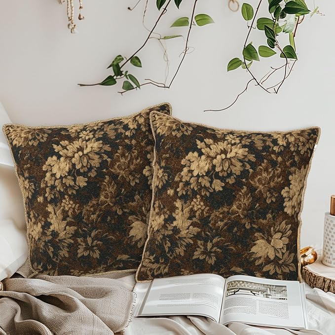 Vintage Dark Brown Flowers Velvet Pillow Covers 20x20 Inch Boho Retro Abstract Floral Throw Pillows for Couch Cushion Covers Pillowcase Bohemian Farmhouse Pillow Cases for Sofa Bed Bedroom