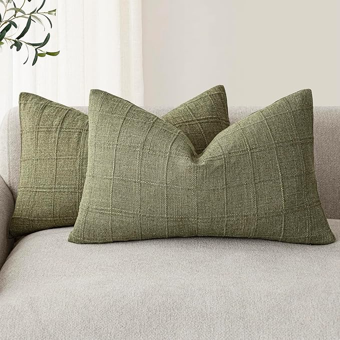 Foindtower Set of 2 Decorative Linen Check Throw Pillow Covers Neutral Farmhouse Lumbar Cushion Covers Modern Boho Home Decor for Sofa Chair Couch Bedroom Living Room,12×20 Inch,Sage Green