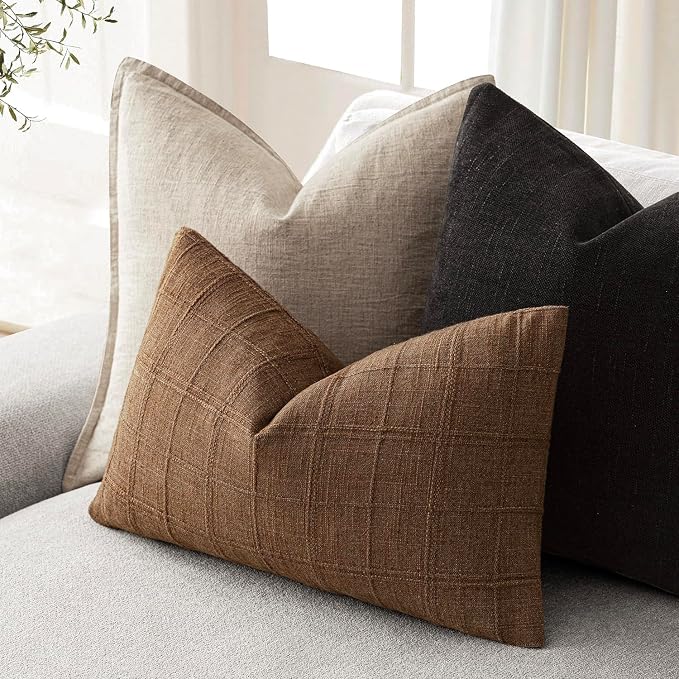 Foindtower Set of 2 Decorative Linen Check Throw Pillow Covers Neutral Farmhouse Lumbar Cushion Covers Modern Boho Home Decor for Sofa Chair Couch Bedroom Living Room,12×24 Inch,Brown Hazel