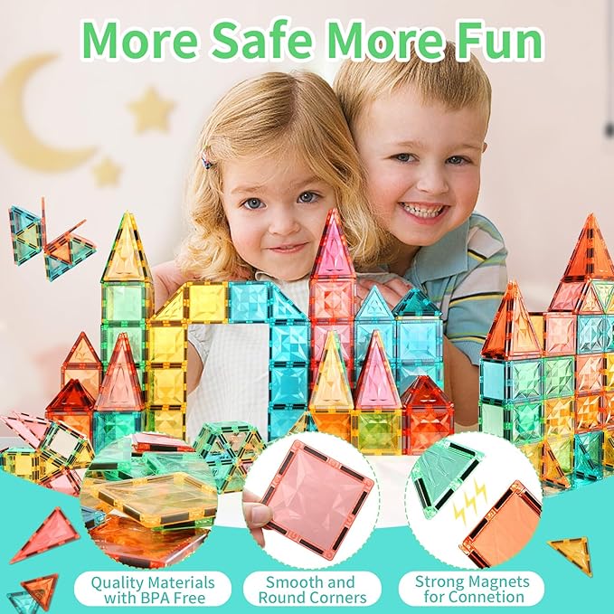Magnetic Tiles 100-Piece Set for Kids, Magnetic Building Blocks STEM Toys for Age 3+ Boys and Girls, Educational Magnet Construction Tiles for Creativity & Learning