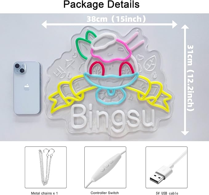 Bingsu Neon Sign,Korean Shaved Ice LED Light Sign Wall Decor | Neon Lights Hanging Wall Art Decoration for Korean Restaurant Ice Cream Cafe Party Home Decor, USB Powered,Dimmable,15×12.2In