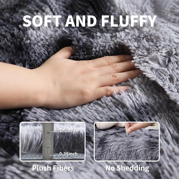 KICHOWUA Grey Tie-Dye Dark Gray Fluffy 9x12 Rug Bedroom Living Room Shag | Grey Soft Washable Shag Carpet Kids Room Nursery Dorm Decor, Plush Fuzzy Rug Baby Toddler, Fluffy Area Rug