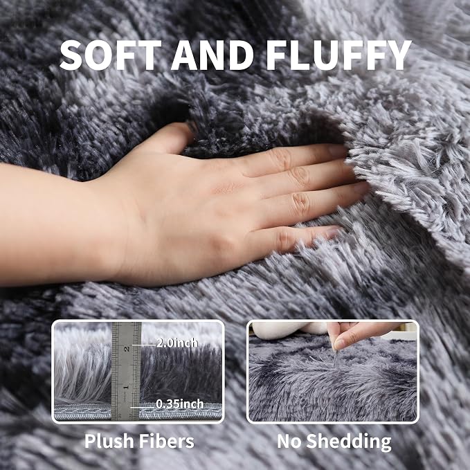 Grey Fluffy 8x10 Area Rug, Tie-Dye Dark Gray Soft Washable Shag Carpet | Cute plush fuzzy rug for bedroom, living room, kids room, nursery, baby, and toddler