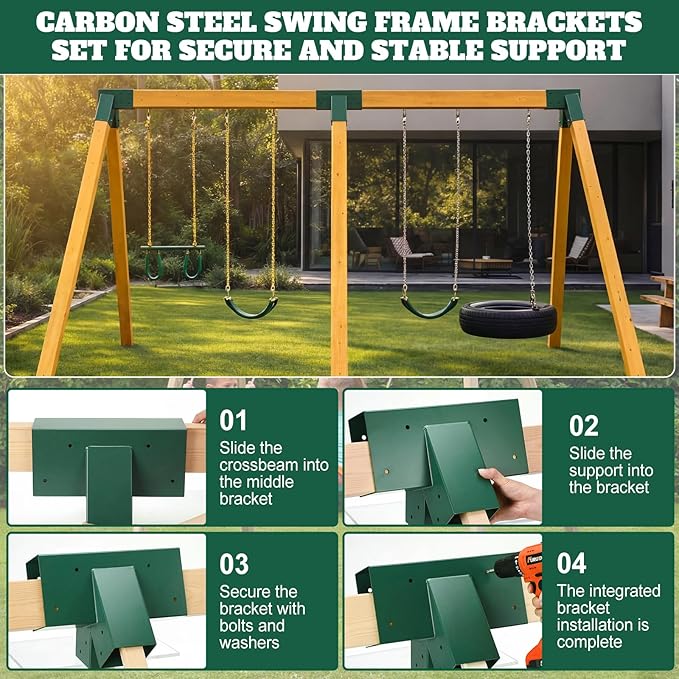 Duraaamo 3 Pcs Heavy Duty Swing Set Bracket Kit – 3 A-Frame Hardware for DIY Outdoor Playground, Includes 2 Main Brackets & 1 Middle Bracket(Green)