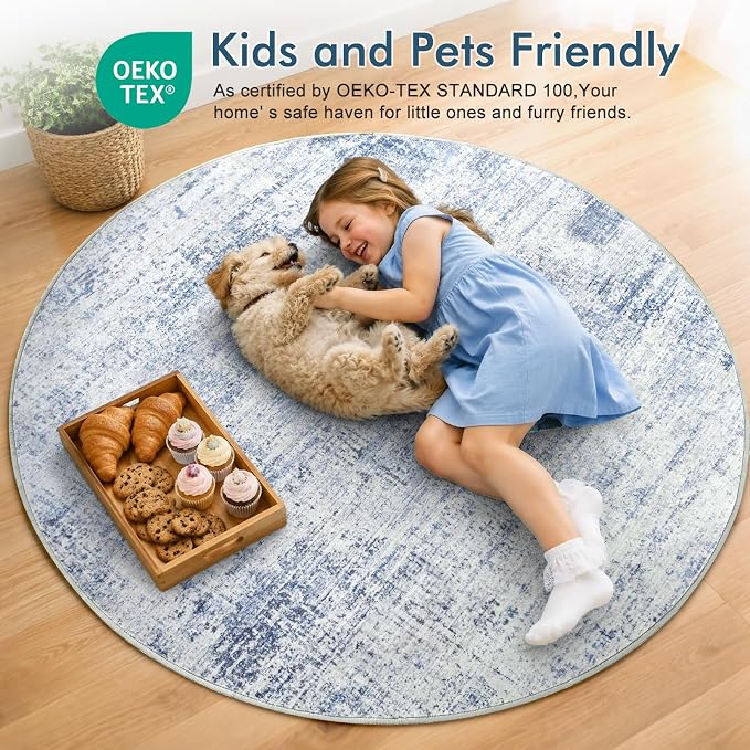 4Ft Round Area Rugs for Living Room, Soft Non-Slip Washable Rugs Modern Abstract Pattern Carpet for Bedroom Indoor Floor Nursery Home Decor (Blue)
