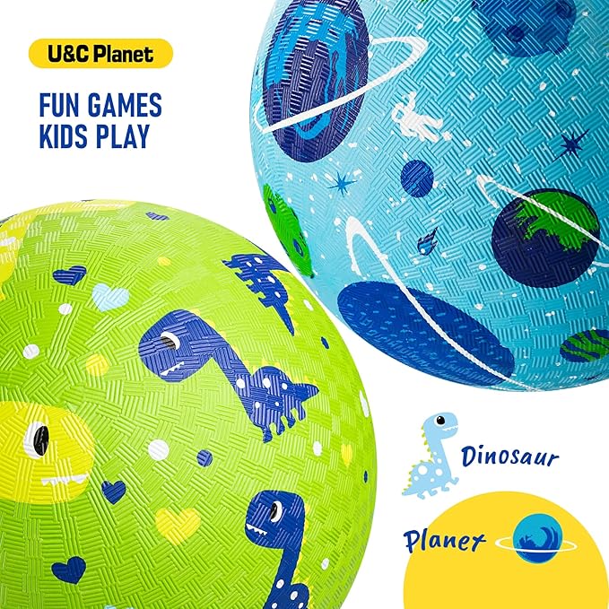 U&C Planet 2 Pack Playground Balls for Toddler Kids, 6 inch 8.5 inch Cartoon Rubber Balls with Pump, Dodgeball Kickball for Outdoor & Indoor Game, Great Gift for Boys Girls Aged 1 and Above