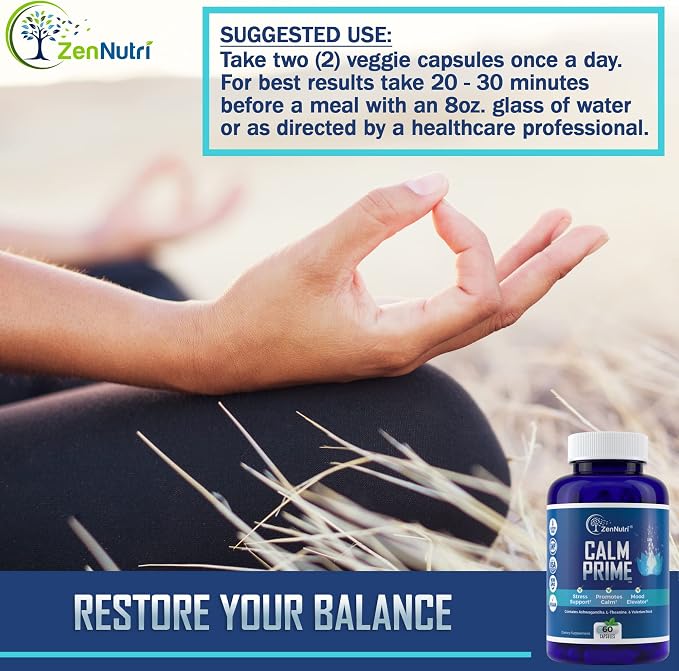 Calm Prime Stress Relief Supplement Non-Drowsy | Mood Support Supplement | Mood Boost | Vegan Daytime Stress Supplements Calm Aid | Stress Vitamins - Ashwagandha, Valerian Root - 60 Count