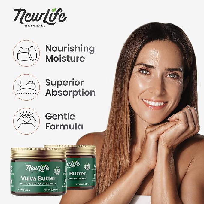NewLife Naturals Vulva Balm Cream (JButter) - Natural Vaginal Moisturizer Support For Hydration Dryness Itching - With Jojoba + Moringa- Estrogen Free - 2oz