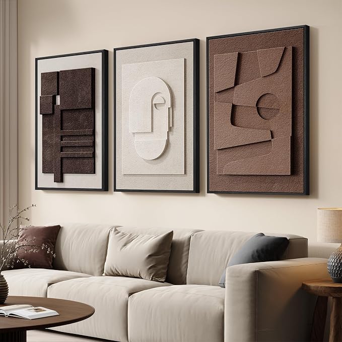 3D Textured Framed Brown and White Abstract Wall Art Set, 3 Piece 16x24 In | Solid wood frames, sculptural relief details, deep brown and ivory tones, ready to display in bedroom living room and dining