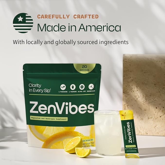 ZenVibes Magnesium L-Theanine Drink Mix – Lemonade Calm & Focus Nootropic with Alpha GPC, L-Taurine & Vitamin D3 – Sugar-Free Relaxation Stick Packs, Non-GMO, 20 Servings