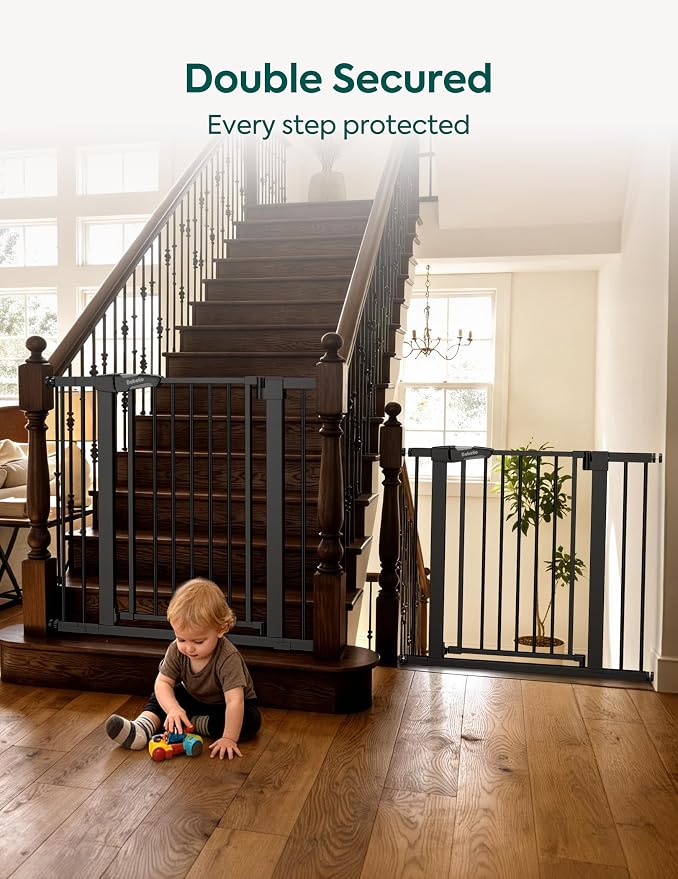 Babelio 26-40" Wide Baby Gate for Stairs & Doorways, 3 Ways Locking System with Auto-Close, Pressure Mounted No Drilling, Easy Install for Stairs, Hallway, Kitchen, Indoor Use, Black (2 Pack)