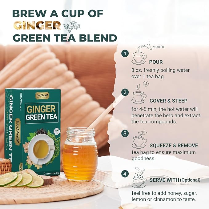 LeafLea Green Tea Bags With Ginger, Digestion & Immune Support, 120 Count | Spicy-Warming Ginger Green Tea For The Whole Family, Stevia-Sweetened, Gluten-Free, Sugar-Free