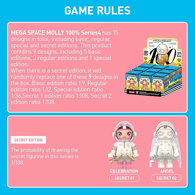 POP MART MEGA Space Molly 100% Series4 Blind Box Figures, Random Design Action Figures Collectible Toys Home Decorations, Holiday Birthday Gifts for Girls and Boys, Single Box