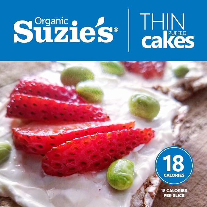 Suzie's Organic Brown Rice Cake Thins|12 Pack|Unsalted Sodium Free|USDA Organic, NON-GMO, Fat-Free, Sugar-Free, Gluten-Free|Low-Calorie Snack-16 Calories Per Slice|Bread & Cracker Replacement