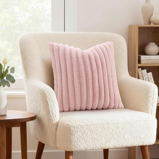 decorUhome Fall Faux Fur Throw Pillow Covers 16x16 Set of 2 Pink | Decorative Soft Cozy Striped Plush Modern Farmhouse Boho Couch Pillow Cases Velvet Back for Sofa Bed Living Room Home Decor
