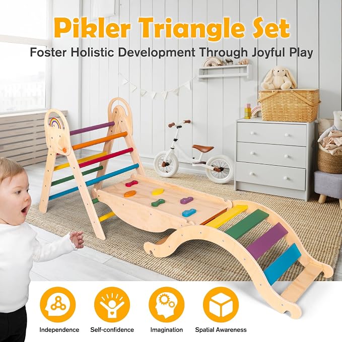 Montessori-Inspired Wooden Pikler Triangle, Space-Saving Indoor Jungle Gym with Convertible Ramp, Detachable Arch & Sturdy Ladder