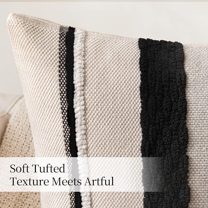ANRODUO Boho Decorative Pillow Covers 20x20 Pack of 2 Black-White Stripe 2 | Throw Pillow Covers, Farmhouse Cushion Case, Chenille Pillow Cases, Pillow Covers, Neutral Pillowcase for Sofa Couch Bed