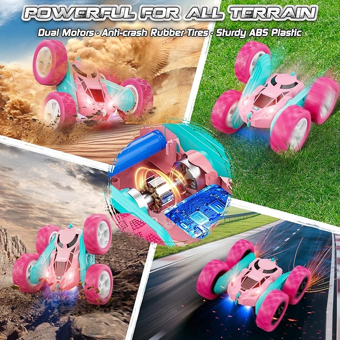 cosone Remote Control Car Pink RC Cars for Girls, RC Stunt Cars with 4WD Double-Sided Driving 360° Flips Rotating, Outdoor Toys for Kids Age 6 7 8 Valentines Day Gifts Birthday Gifts