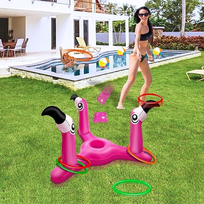 [ Bean Bag & Ring Toss ] Inflatable Flamingo Pool Toys Games Set 2-in-1 Floating Pool Rings Toss & Cornhole Summer Swimming Hawaii Luau Party Water Game for Adults Beach Backyard